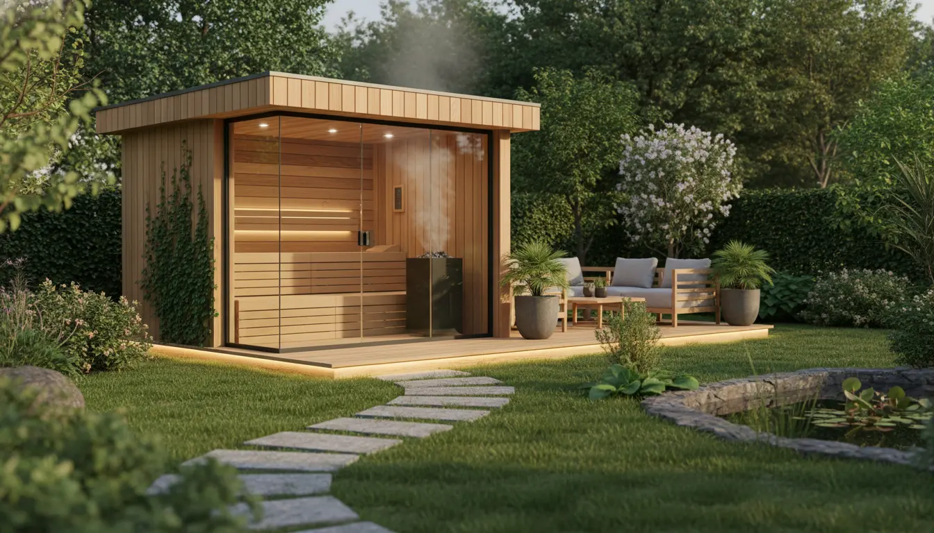 Huisje met infrarood sauna voor in de tuin